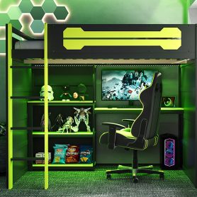 Full Size Wooden Gaming Loft Bed with Storage Shelves, Desk, USB & Power Outlet, and LED Light