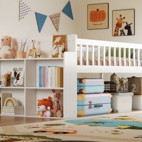 Wooden Twin Bed Frame With Storage Shelf, Guardrail, Slide And Ladder