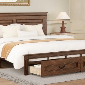 King Size Bed with Tall-Panel Headboard & Footboard, 2 Storage Drawers, Built-in LED Lights, USB Charging Station