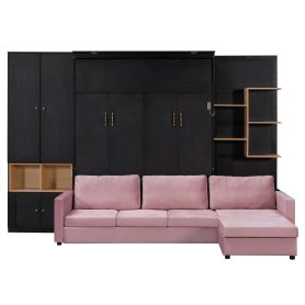 Queen Size Murphy Bed with Large Sofa, Storage Shelves & Cabinets