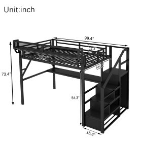 Metal Full Size Loft Bed With Desk, Charging Station, Stairs And Light