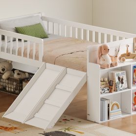 Wooden Twin Bed Frame With Storage Shelf, Guardrail, Slide And Ladder