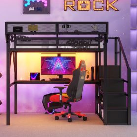 Metal Full Size Loft Bed With Desk, Charging Station, Stairs And Light