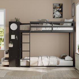 Twin Size Bunk Bed with 4 Storage Drawers, Hanging Rail, Light Strip and Built-in Shelves & Dual Pegboards