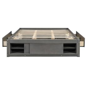 Queen Size Platform Bed Frame with 4 Storage Drawers and Footboard Storage Cubby