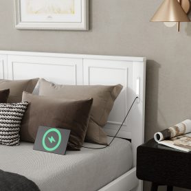 Queen Size Bed with Tall-Panel Headboard & Footboard, Built-in LED Lights, USB Charging Station