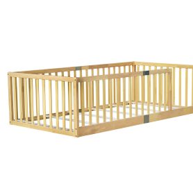 Twin Size Floor Bed with High Fence Railings, without Door