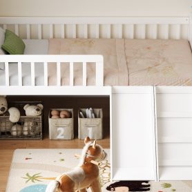 Wooden Twin Bed Frame With Storage Shelf, Guardrail, Slide And Ladder