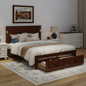 Queen Size Bed with Tall-Panel Headboard & Footboard, 2 Storage Drawers, Built-in LED Lights, USB Charging Station