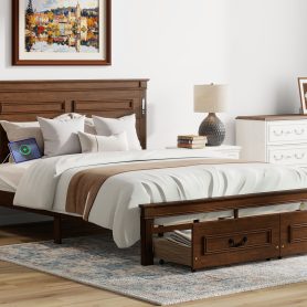 Queen Size Bed with Tall-Panel Headboard & Footboard, 2 Storage Drawers, Built-in LED Lights, USB Charging Station