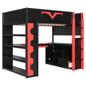 Full Size Gaming Loft Bed with Integrated Desk & RGB LED Lights, Pro-Gamer Bed with Power Outlet, Large Bookshelf, Pegboard, Keyboard Tray & Storage Drawer