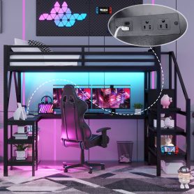 Metal Full Loft Bed With Wardrobe, LED Light, L Shaped Desk And USB