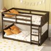 Twin over Twin Floor Bunk Bed with Safety Guardrails, Built-in Ladder