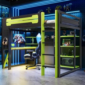 Full Size Wood Loft Bed with Desk, Shelves, Power Outlet & USB/Type-C Ports and RGB Light