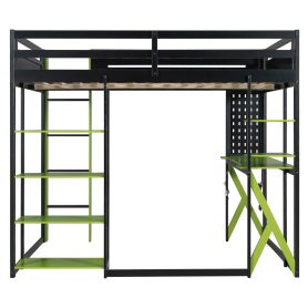 Full Size Wood Loft Bed with Desk, Shelves, Power Outlet & USB/Type-C Ports and RGB Light