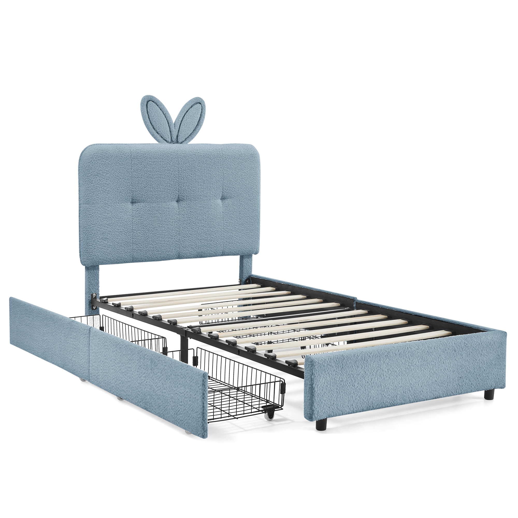 Twin Size Kids Upholstered Bed With Oversized Rabbit Ear Headboard, Music Sync, LED Light & 4 Storage Drawers 19 Twin Size Kids Upholstered Bed With Oversized Rabbit Ear Headboard, Music Sync, LED Light & 4 Storage Drawers
