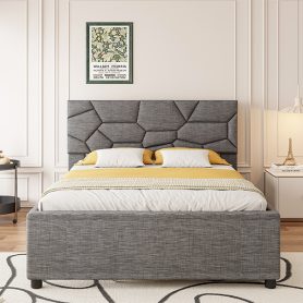 Queen Size Upholstered Platform Bed with Brick Pattern Headboard and Twin XL Size Trundle 27 Queen Size Upholstered Platform Bed with Brick Pattern Headboard and Twin XL Size Trundle