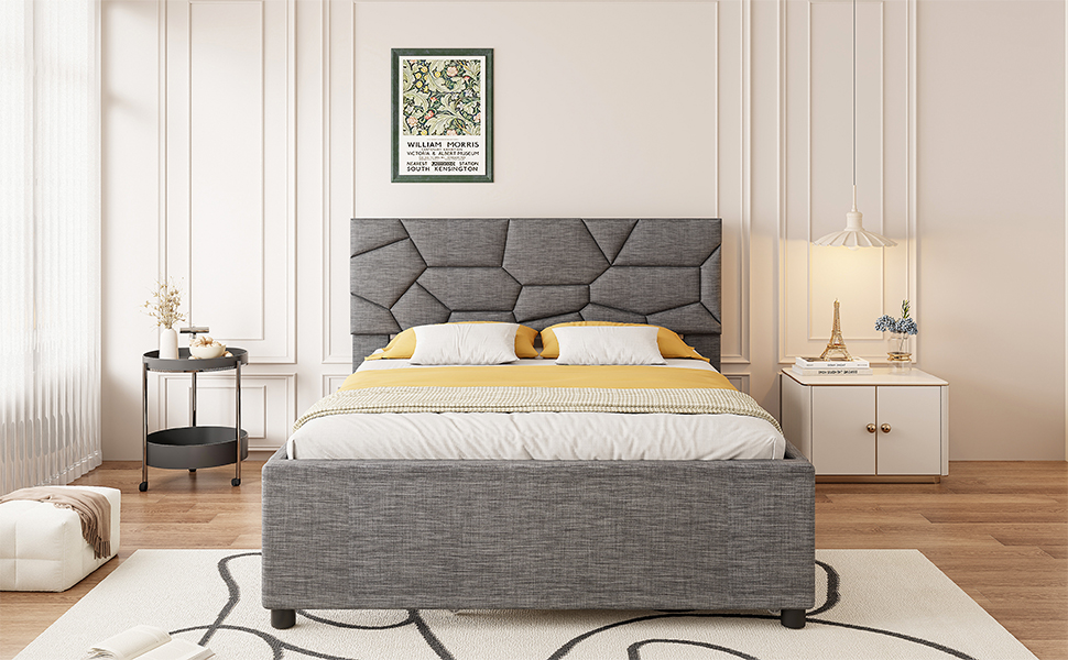 Queen Size Upholstered Platform Bed with Brick Pattern Headboard and Twin XL Size Trundle 5 Queen Size Upholstered Platform Bed with Brick Pattern Headboard and Twin XL Size Trundle