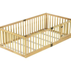 Twin Size Floor Bed with High Fence Railings