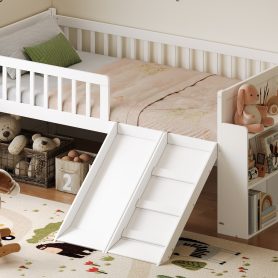 Wooden Twin Bed Frame With Storage Shelf, Guardrail, Slide And Ladder