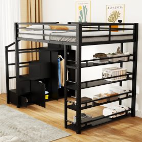 Queen Size Metal Loft Bed with Storage Shelves, Cabinets and Wardrobe 18 Queen Size Metal Loft Bed with Storage Shelves, Cabinets and Wardrobe