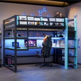 Full Size Wood Loft Bed With Desk, Side Storage Rack, Multi-storage Shelves And RGB Light