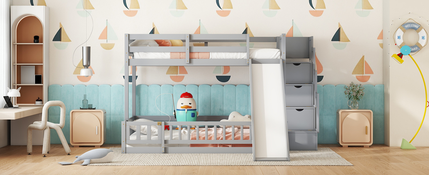 Twin Over Full Bunk Bed with Slide, Storage Staircase and Guardrails 27 Twin Over Full Bunk Bed with Slide, Storage Staircase and Guardrails