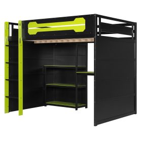 Full Size Wooden Gaming Loft Bed with Storage Shelves, Desk, USB & Power Outlet, and LED Light