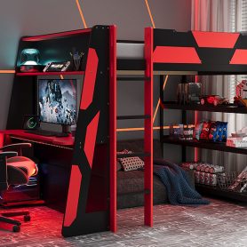 Full Size Gaming Loft Bed with Desk, Shelves & LED Lights