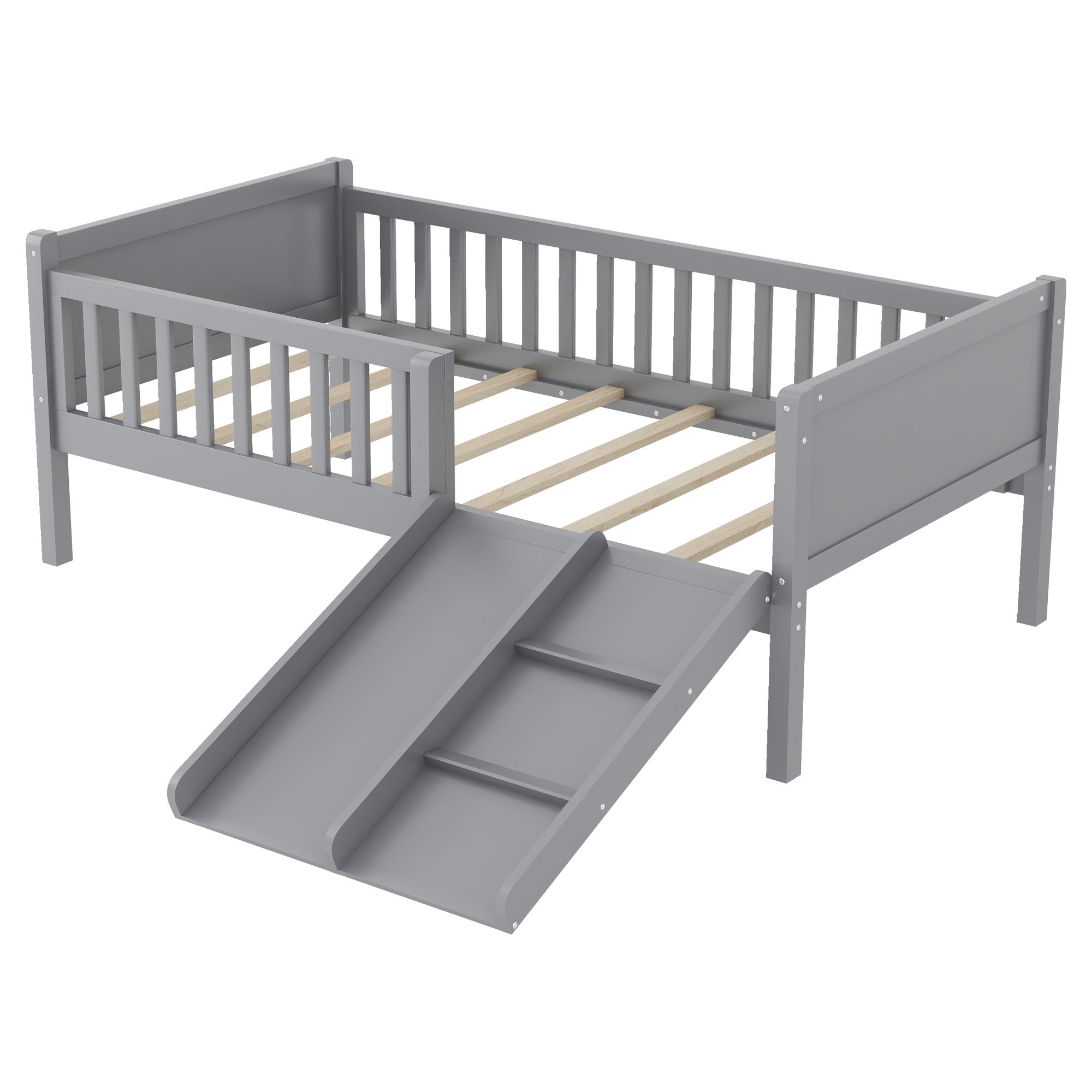 Twin Size Low Loft Bed with Slide, Movable Bookshelf Storage, Guardrails 14 Twin Size Low Loft Bed with Slide, Movable Bookshelf Storage, Guardrails