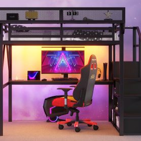 Metal Full Size Loft Bed With Desk, Charging Station, Stairs And Light