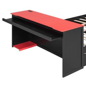 Full Size Wood Daybed with Twin Size Trundle, Desk, LED light and USB