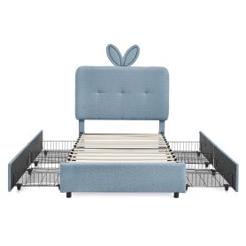 Twin Size Kids Upholstered Bed With Oversized Rabbit Ear Headboard, Music Sync, LED Light & 4 Storage Drawers 40 Twin Size Kids Upholstered Bed With Oversized Rabbit Ear Headboard, Music Sync, LED Light & 4 Storage Drawers