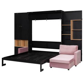 Queen Size Murphy Bed with Large Sofa, Storage Shelves & Cabinets