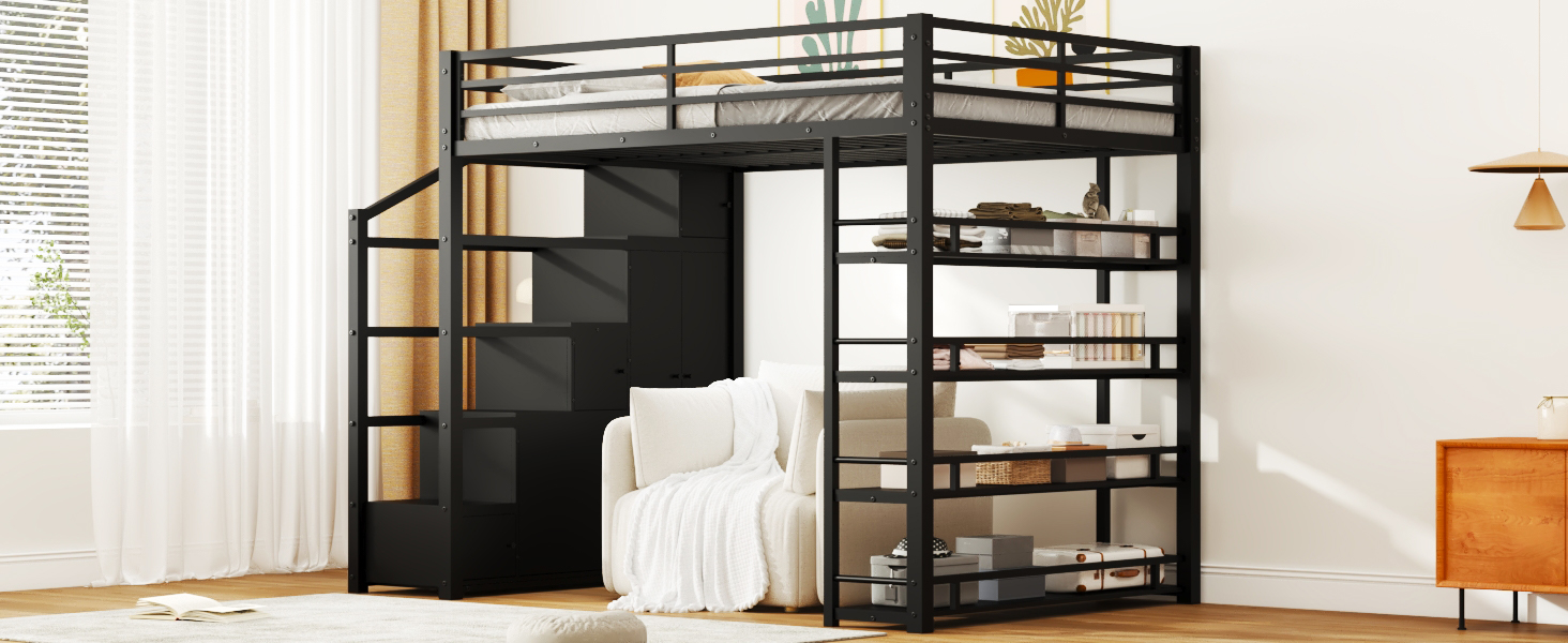 Queen Size Metal Loft Bed with Storage Shelves, Cabinets and Wardrobe 10 Queen Size Metal Loft Bed with Storage Shelves, Cabinets and Wardrobe