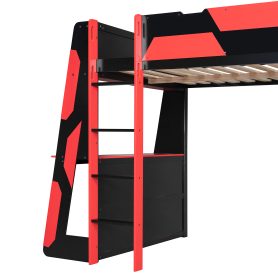 Full Size Gaming Loft Bed with Desk, Shelves & LED Lights