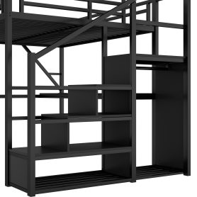 Metal Full Size Loft Bed With Desk, Charging Station, Stairs And Light