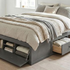 Queen Size Platform Bed Frame with 4 Storage Drawers and Hydraulic Lift Footboard Storage