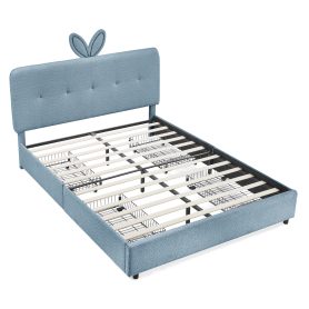 Queen Size Kids Upholstered Bed With Oversized Rabbit Ear Headboard, Music Sync, LED Light & 4 Storage Drawers