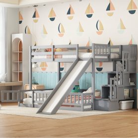 Twin Over Full Bunk Bed with Slide, Storage Staircase and Guardrails 48 Twin Over Full Bunk Bed with Slide, Storage Staircase and Guardrails