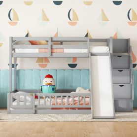 Twin Over Full Bunk Bed with Slide, Storage Staircase and Guardrails 51 Twin Over Full Bunk Bed with Slide, Storage Staircase and Guardrails