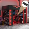 Full Size Gaming Loft Bed with Integrated Desk & RGB LED Lights, Pro-Gamer Bed with Power Outlet, Large Bookshelf, Pegboard, Keyboard Tray & Storage Drawer