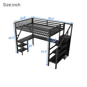 Metal Full Loft Bed With Wardrobe, LED Light, L Shaped Desk And USB