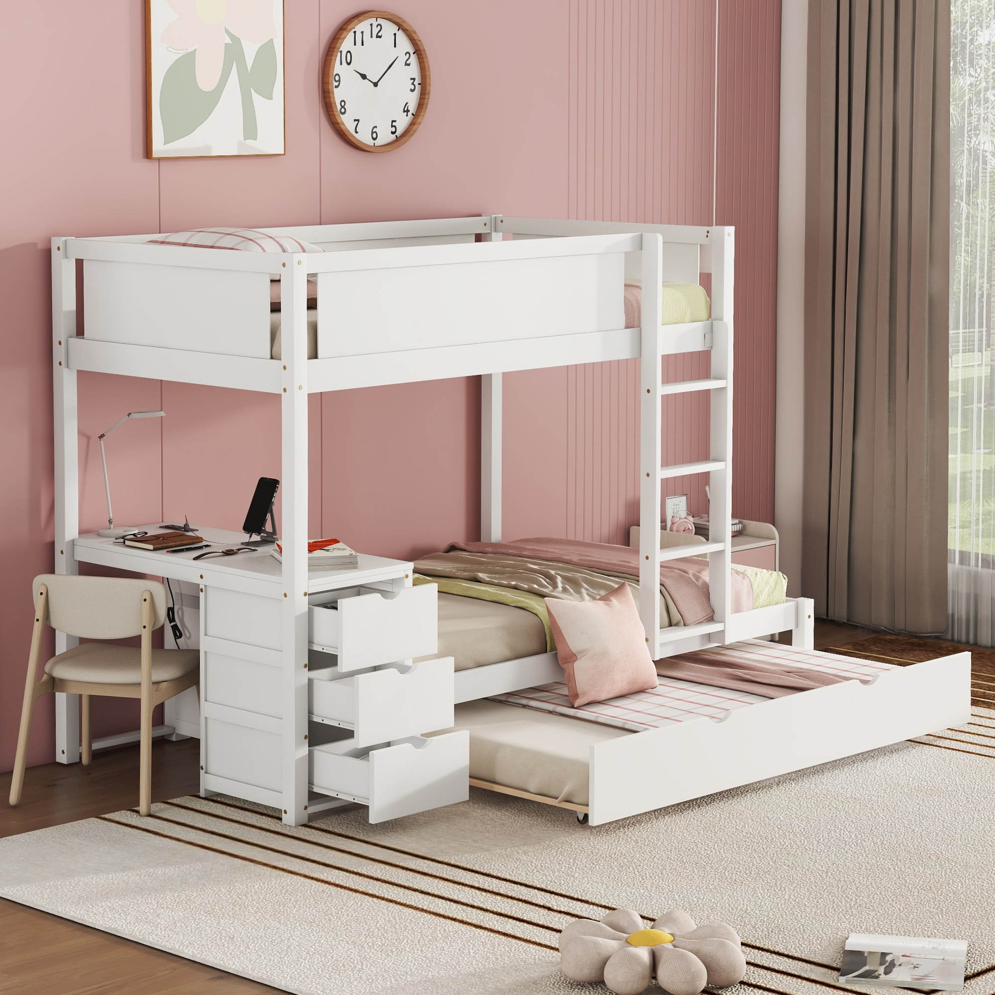 Twin-Over-Twin Bunk Bed with Twin size Trundle, Storage and Desk