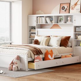 Wooden Queen Size Platform Bed With All-in-One Cabinet, Shelf and Sockets 36 Wooden Queen Size Platform Bed With All-in-One Cabinet, Shelf and Sockets