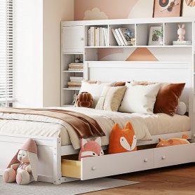 Wooden Queen Size Platform Bed With All-in-One Cabinet, Shelf and Sockets 39 Wooden Queen Size Platform Bed With All-in-One Cabinet, Shelf and Sockets