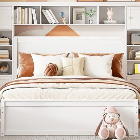 Wooden Queen Size Platform Bed With All-in-One Cabinet, Shelf and Sockets 38 Wooden Queen Size Platform Bed With All-in-One Cabinet, Shelf and Sockets