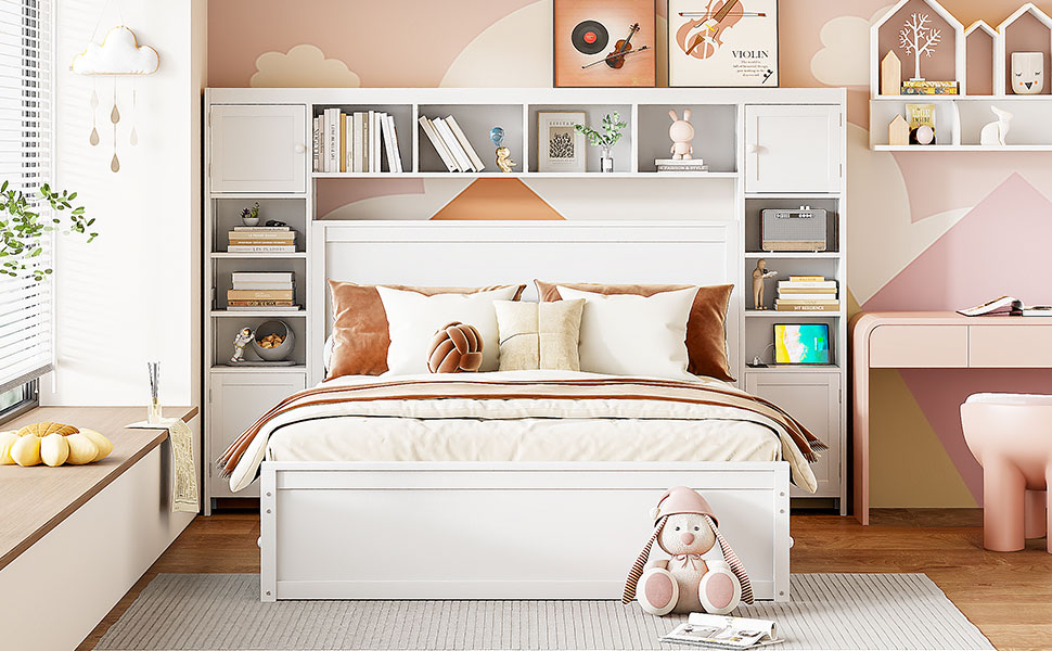 Wooden Queen Size Platform Bed With All-in-One Cabinet, Shelf and Sockets 19 Wooden Queen Size Platform Bed With All-in-One Cabinet, Shelf and Sockets