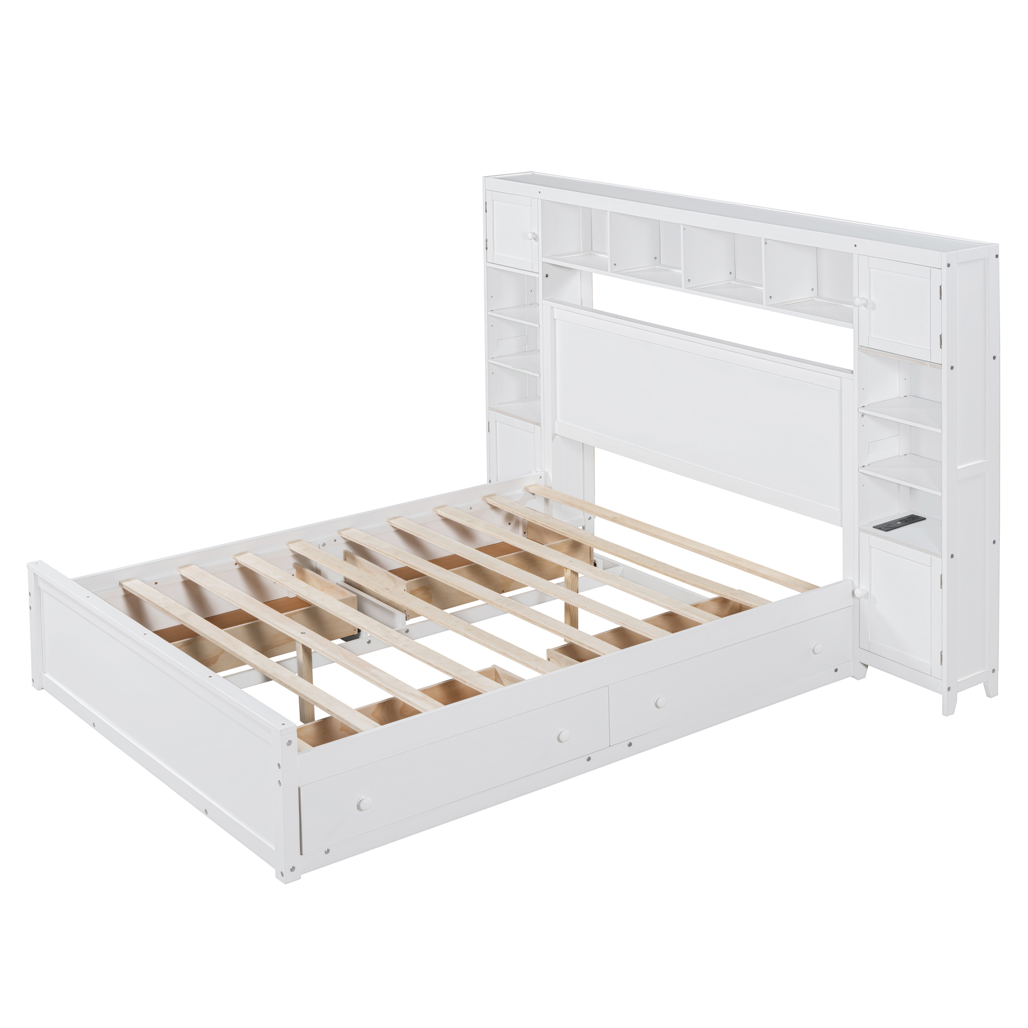 Wooden Queen Size Platform Bed With All-in-One Cabinet, Shelf and Sockets 5 Wooden Queen Size Platform Bed With All-in-One Cabinet, Shelf and Sockets