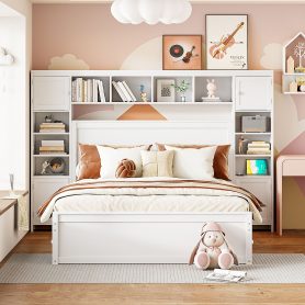 Wooden Queen Size Platform Bed With All-in-One Cabinet, Shelf and Sockets